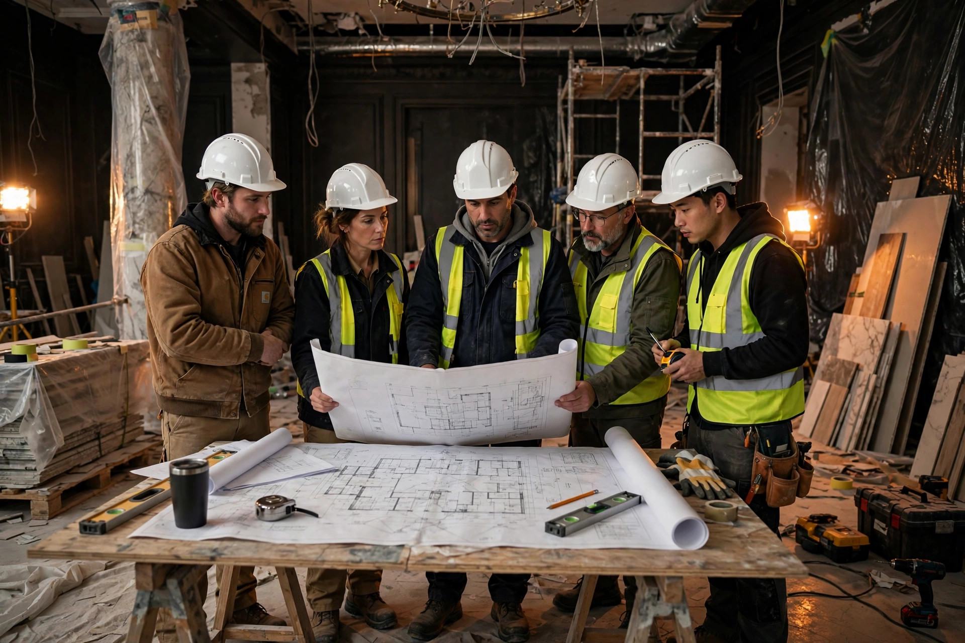 Renofy renovation crew reviewing blueprints on a Toronto job site