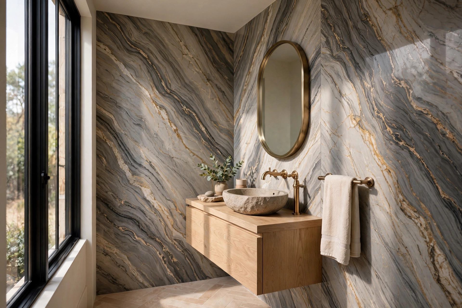 Toronto powder room with full-height quartzite stone walls by Renofy