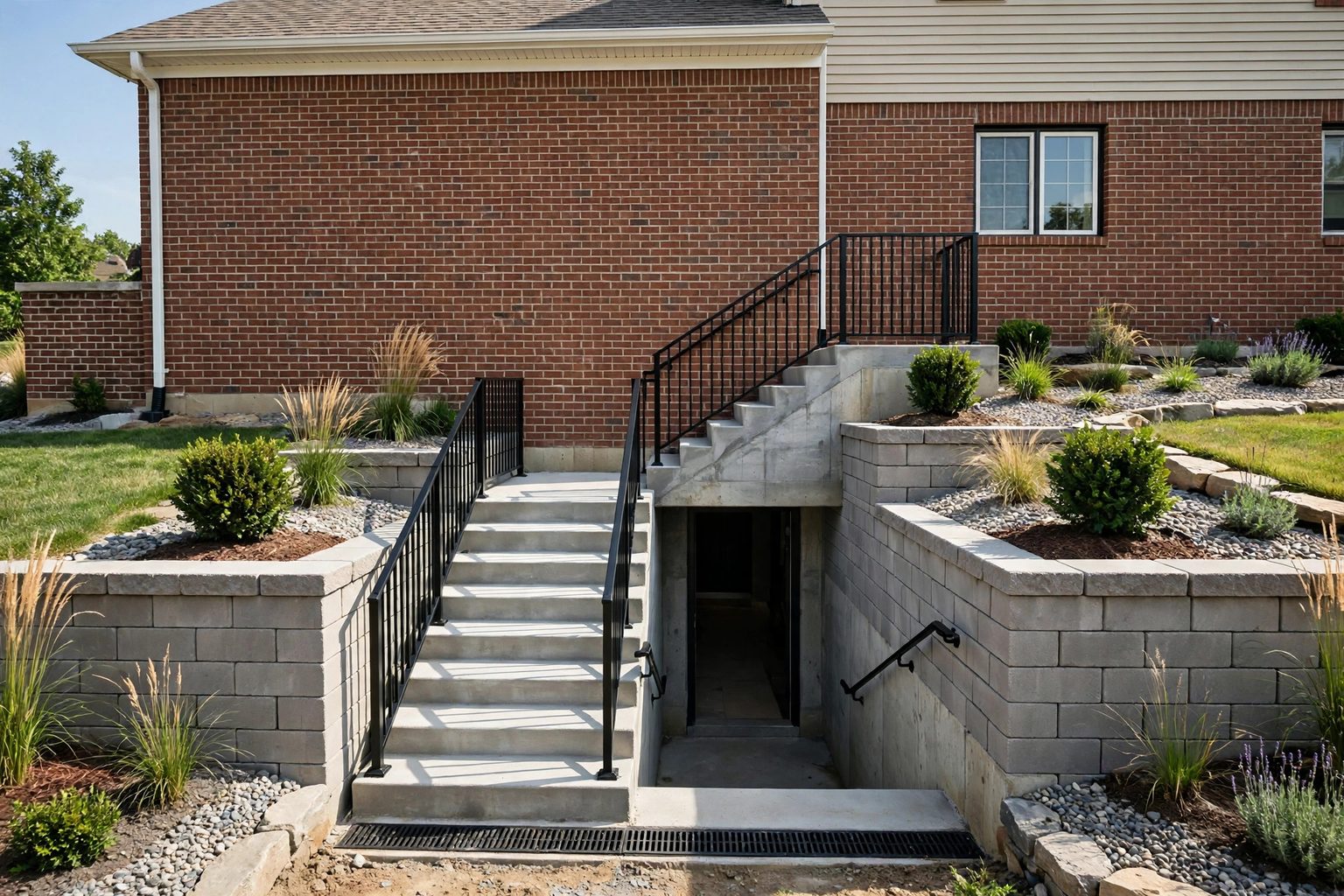 New below grade basement entrance with concrete stairs and railings beside a Toronto home by Renofy