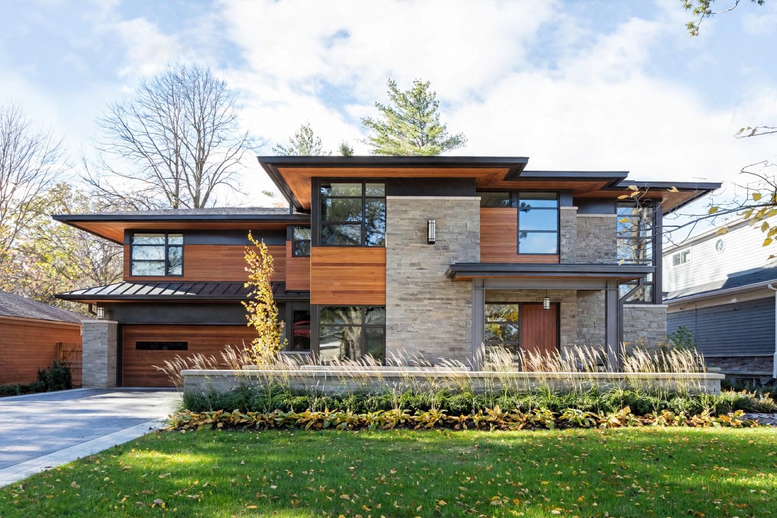 Modern Toronto home with mixed exterior finishes — cedar wood siding, natural stone veneer and dark metal roofing — above a landscaped lawn by Renofy