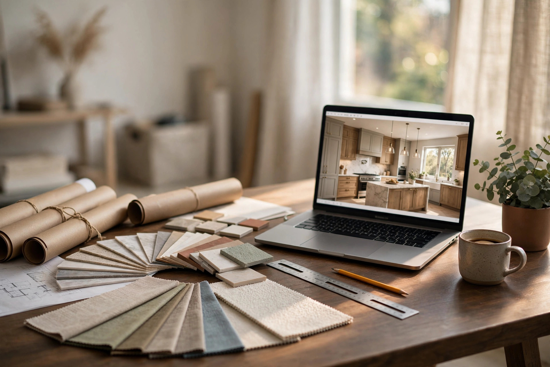 Interior designer's studio desk with floor plans, material samples and a laptop showing a 3D kitchen render — Renofy remote design services