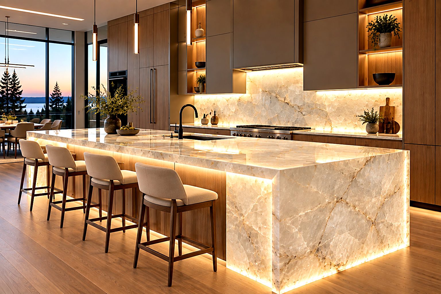 Full-height quartzite backsplash with waterfall island in a Toronto kitchen by Renofy