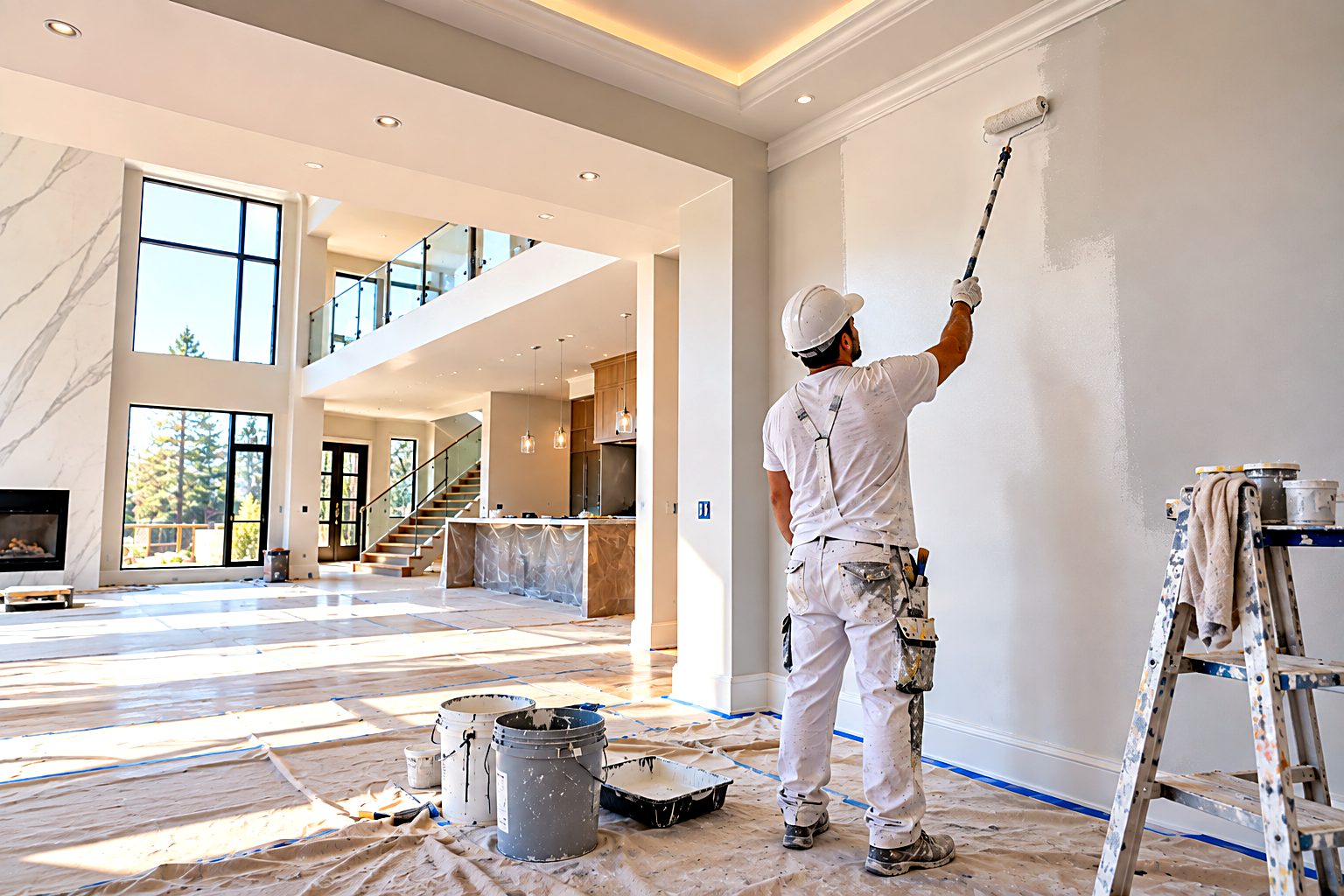 Renofy house painter rolling fresh paint in a bright Toronto open-concept living space