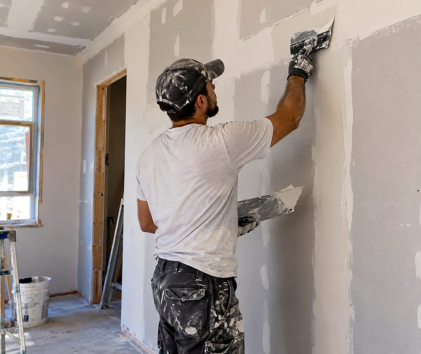 Renofy plasterer finishing smooth drywall in a Toronto home
